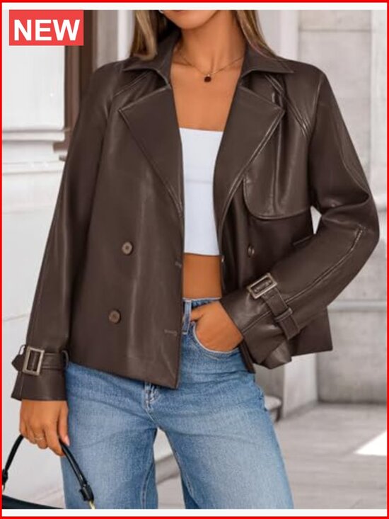 Faux Leather Jacket Oversized Button Motorcycle Coat Women's Outwear - Picture 2 of 6